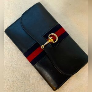 Gucci sherry line trifold navy blue leather wallet with classic G clasp